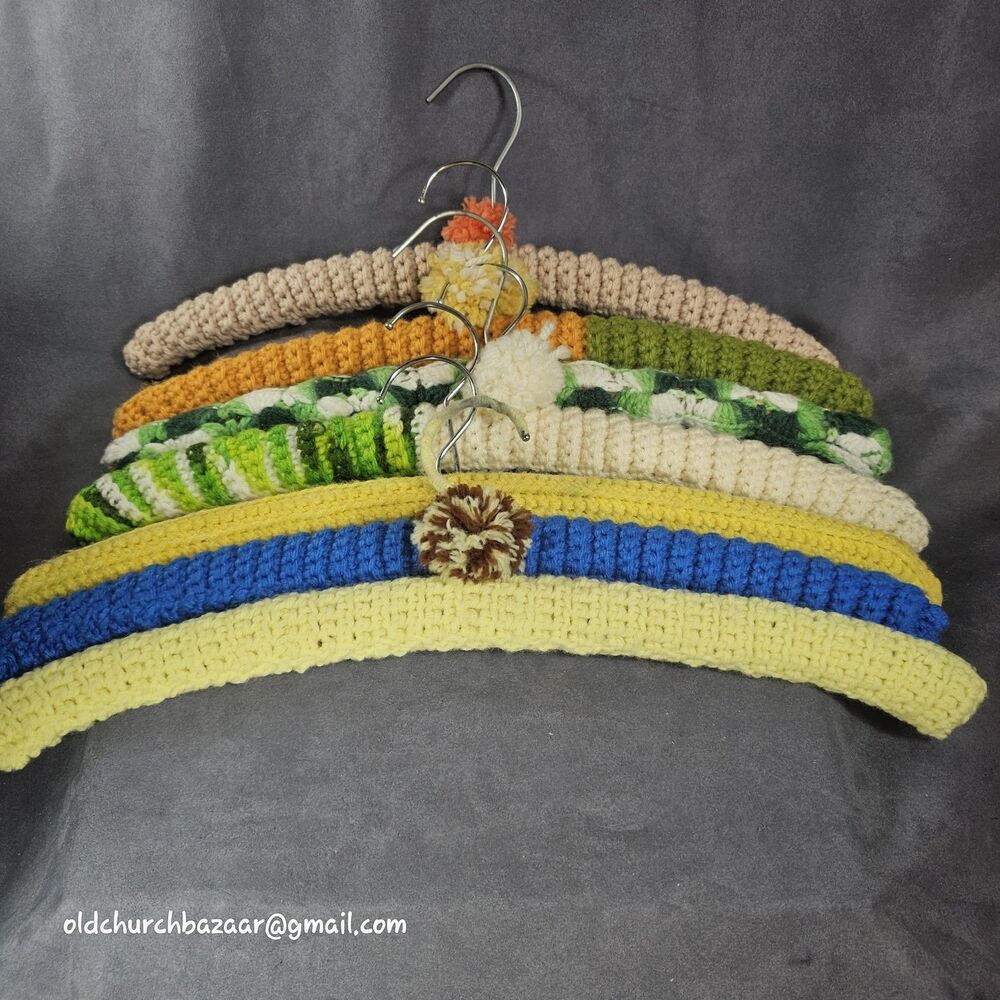 Lot of 7 Vintage Crochet Yarn Covered Wood Clothes Hangers Various Colors